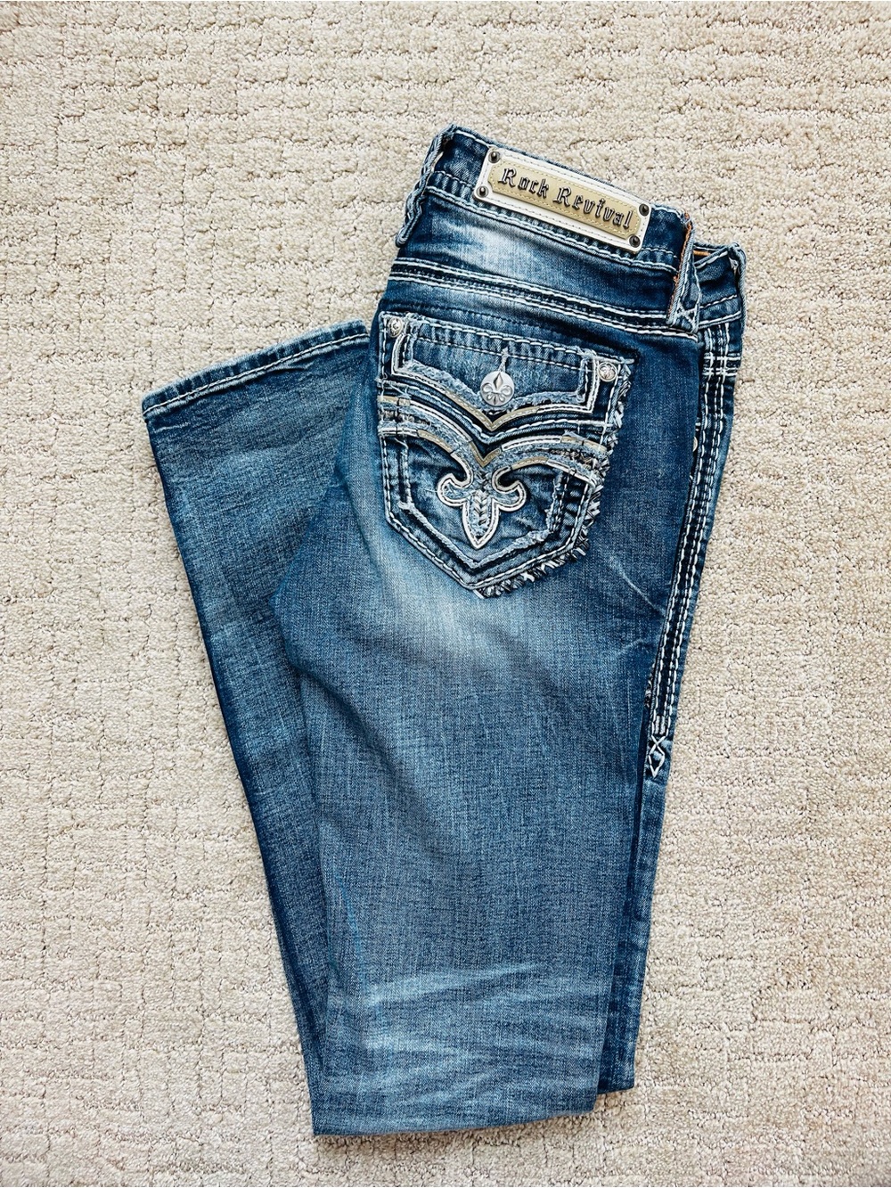 Rock Revival Women's Medium Blue Bootcut Jeans with Embroidered Pockets